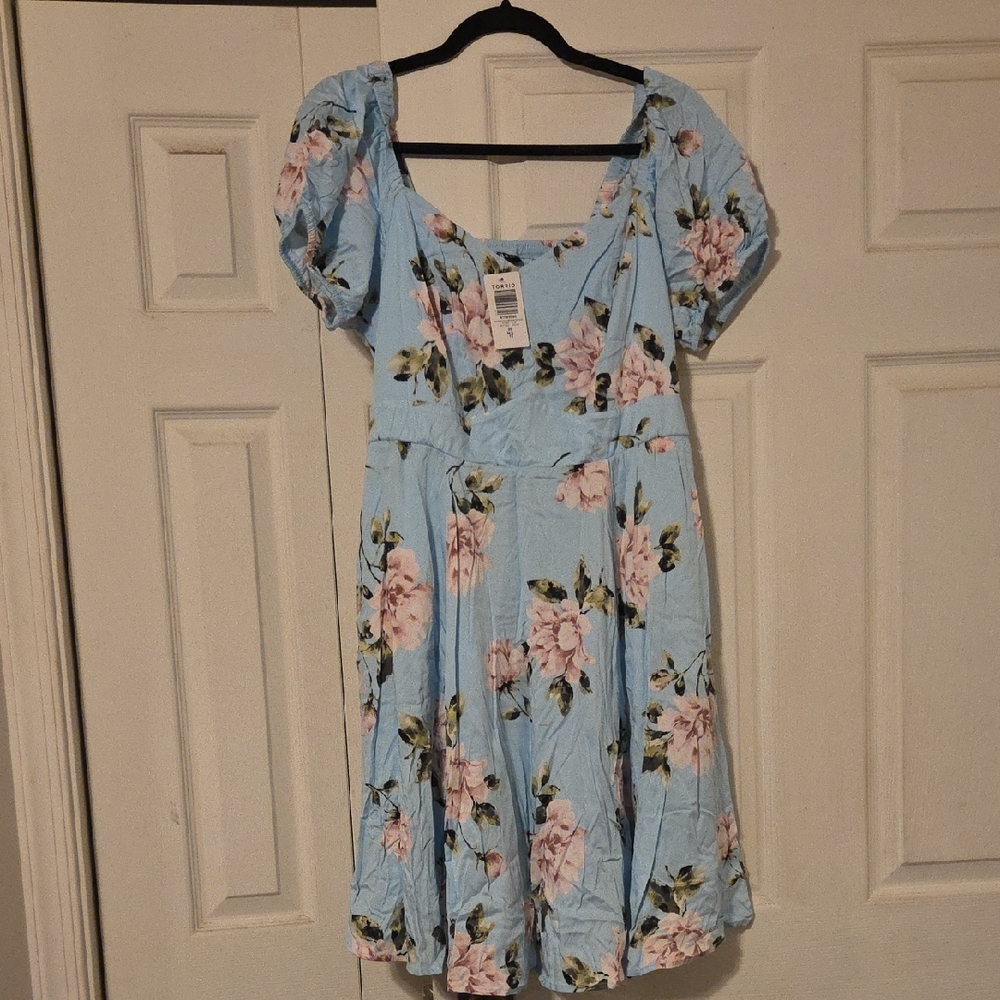 Torrid Light Blue Dress with Pink and Green Floral Pattern